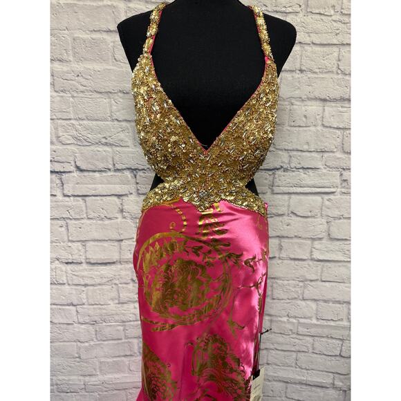 Mac Duggal Prom Hot Pink Gold Beaded Cut Out Open Back Formal Dress SZ 10 NWT - Picture 2 of 7
